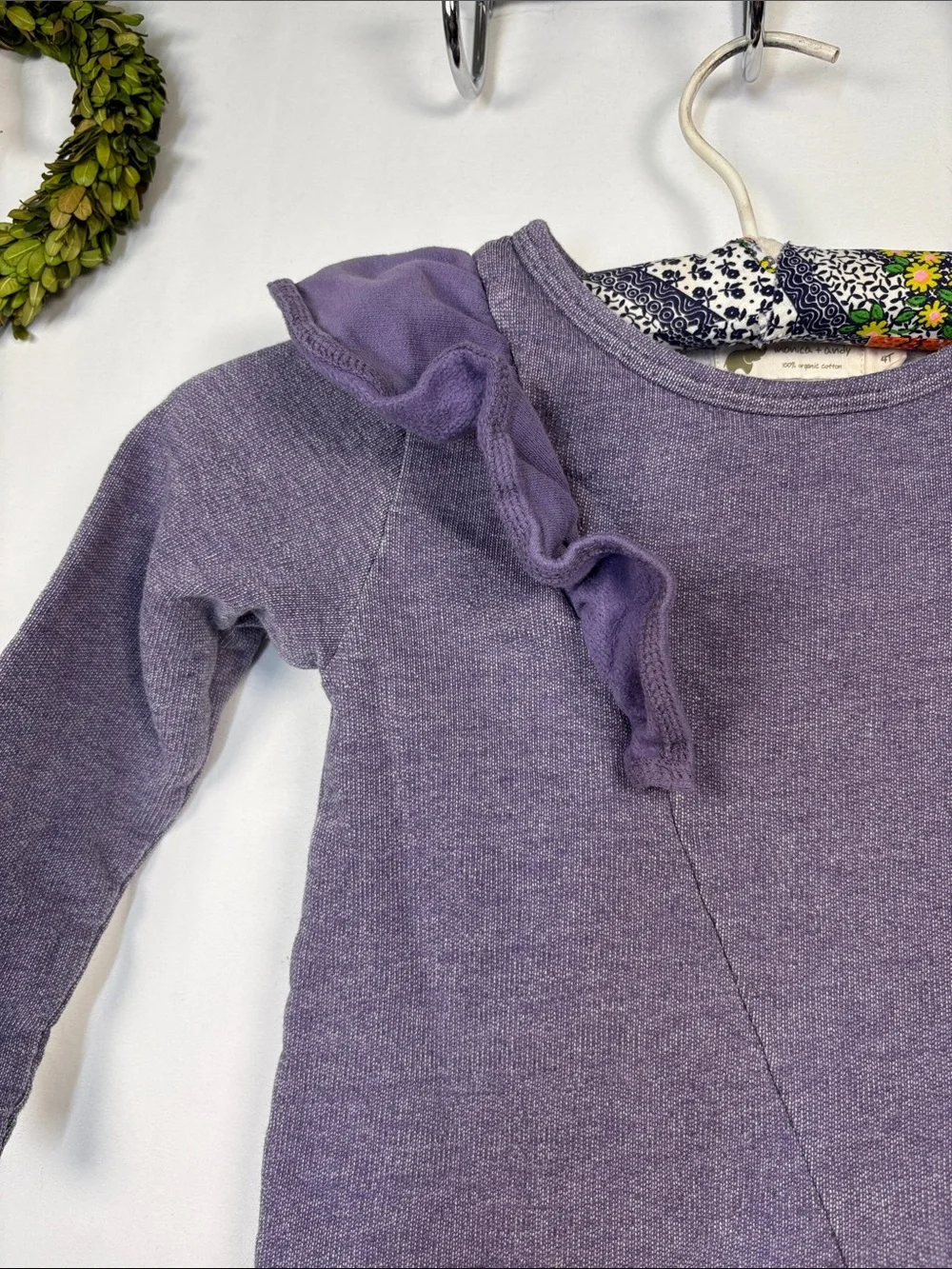 MONICA & ANDY Girl's Ruffle Shoulder Purple Sweatshirt Organic Cotton Dress 4T